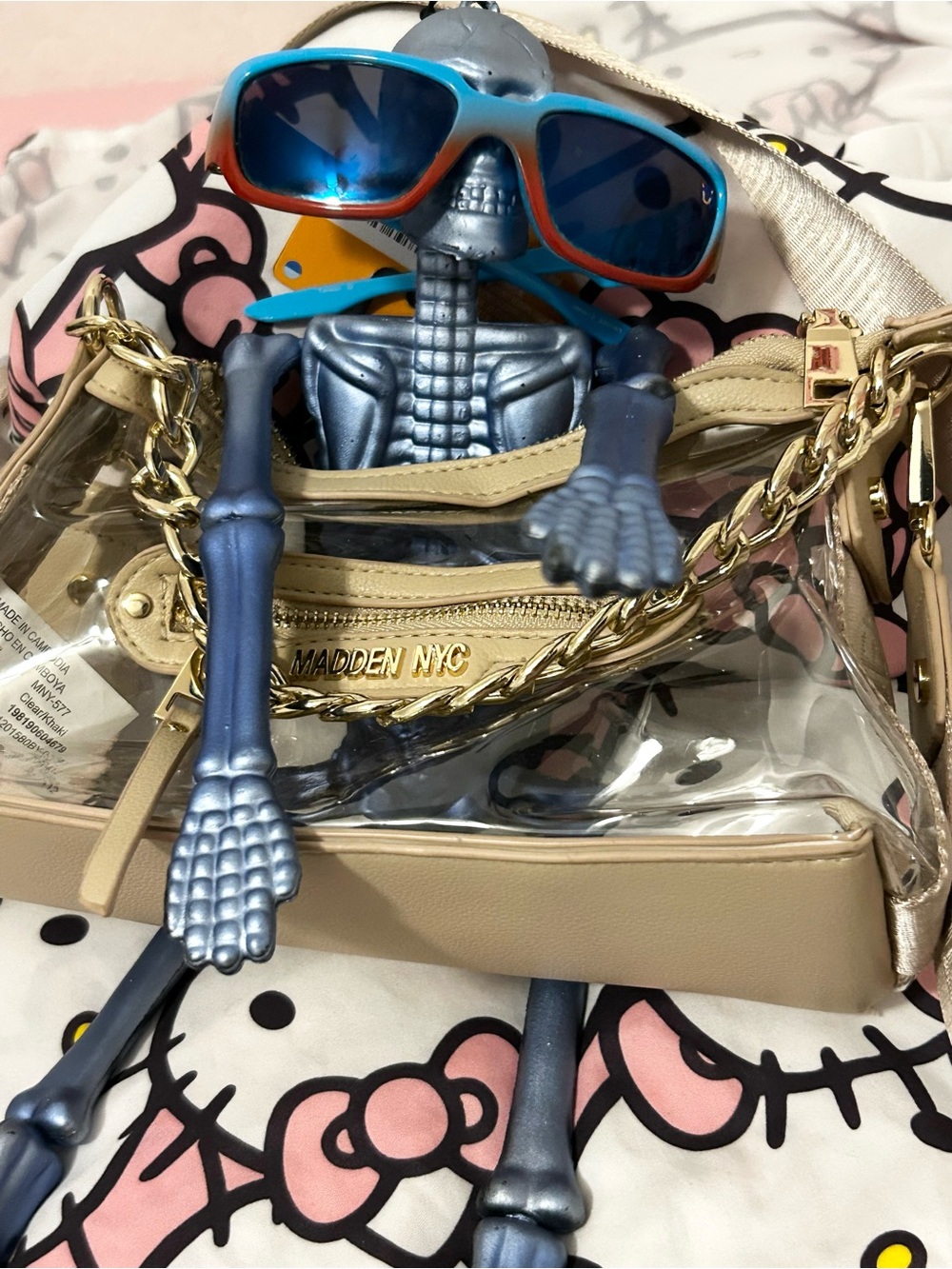 Madden NYC Clear Crossbody Bag with Beige Trim and Chain